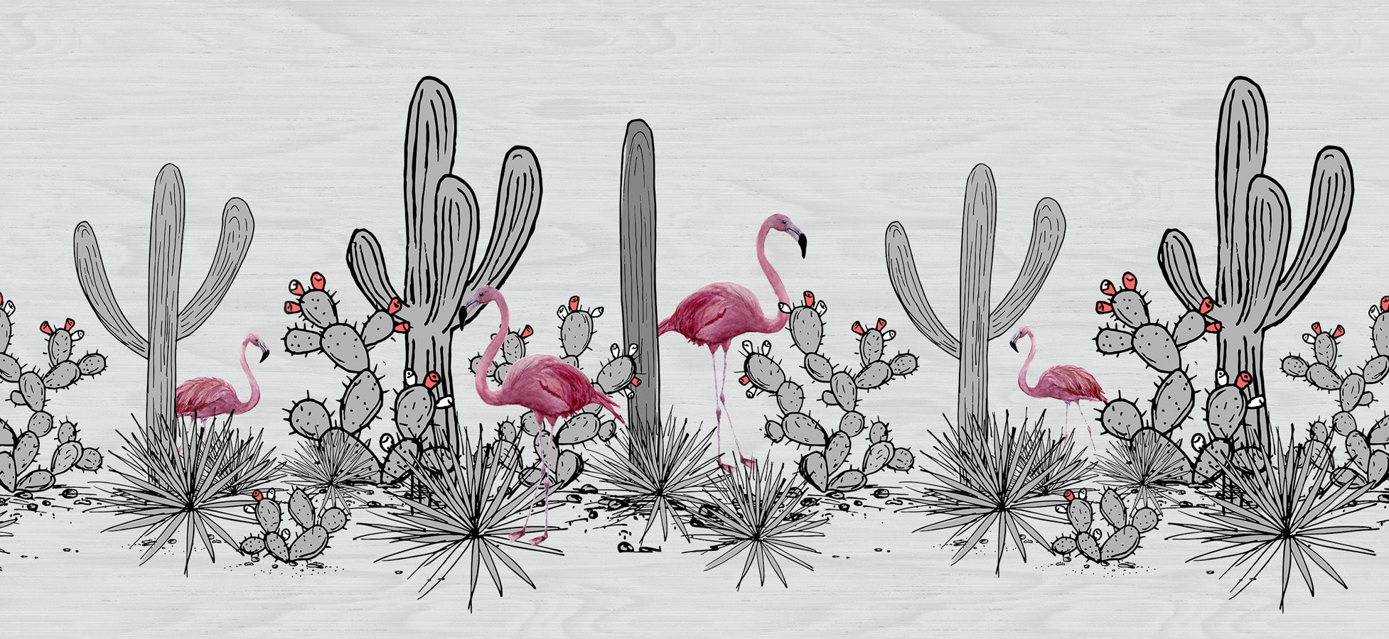 Papier peint panoramique cactus & flamant rose, mural concept, tendance