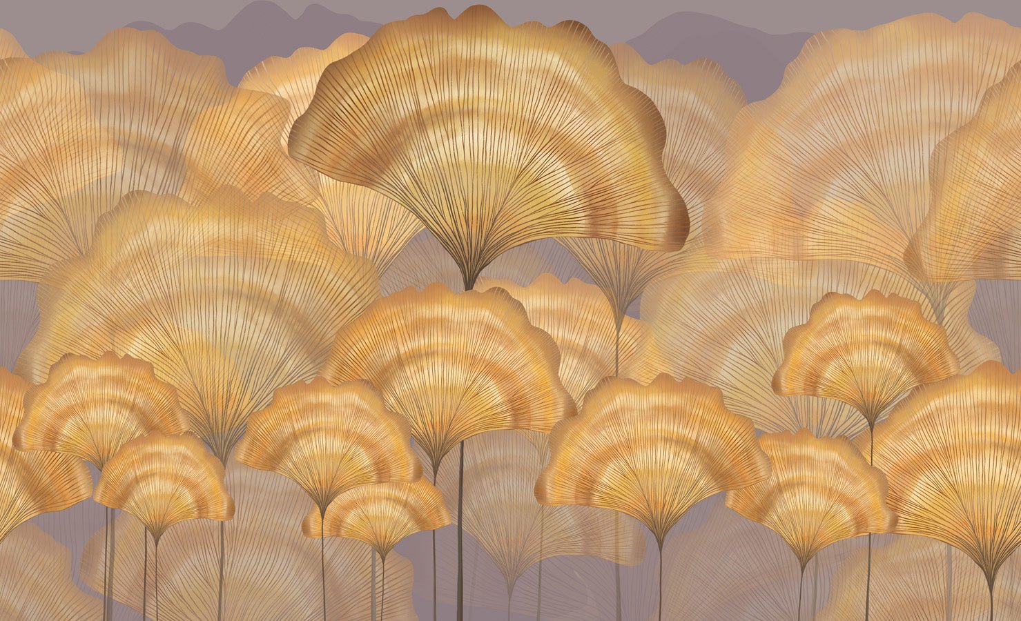 Papier peint contemporain ginkgo ocre, mural concept, tendance