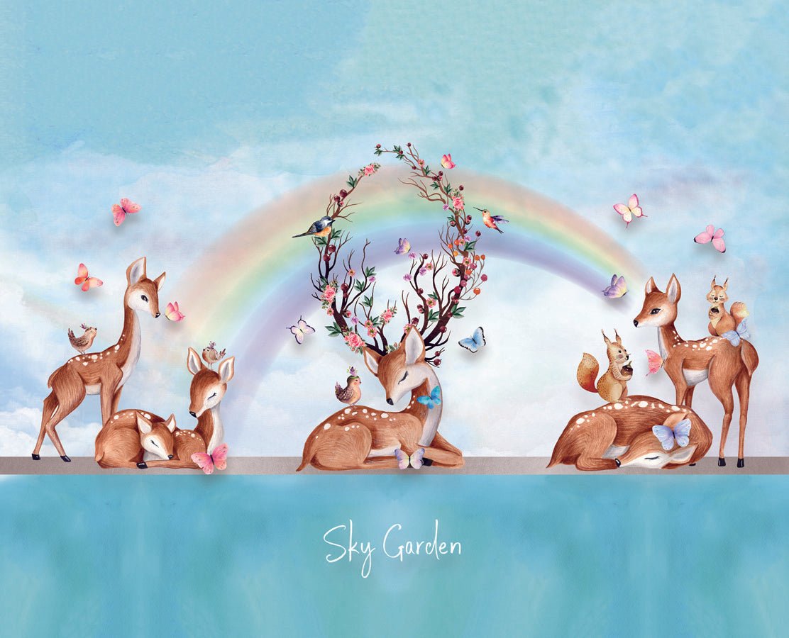 Papier peint chambre enfant douces biches arc en ciel, mural concept, tendance