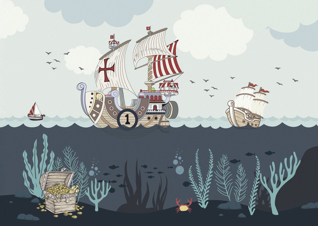 Papier peint enfant pirate bateau moussaillon mer, mural concept, tendance