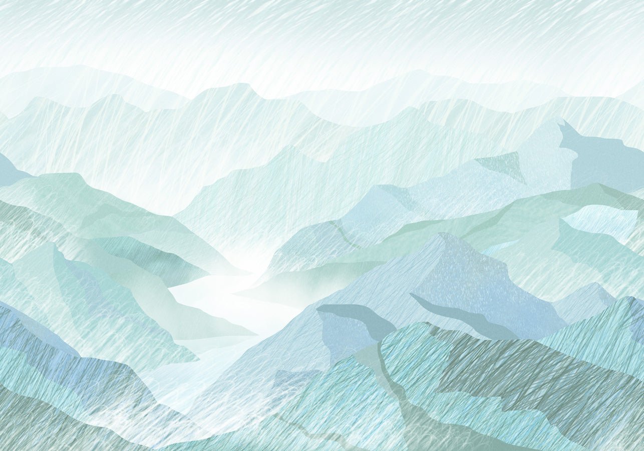 Papier peint salle de bain illustration montagnes vert, mural concept, tendance