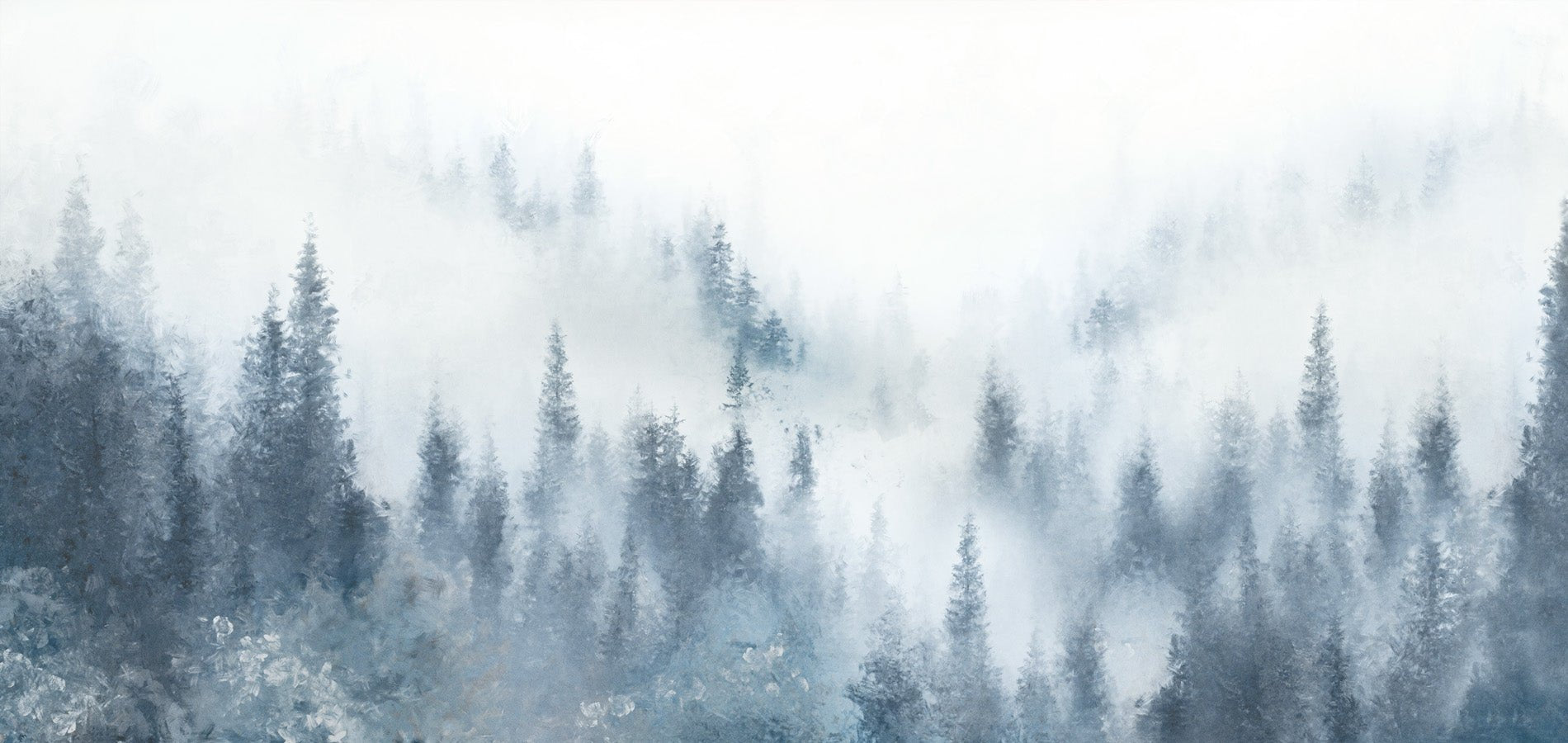 Papier peint sapin brume bleu aquarelle, mural concept, tendance