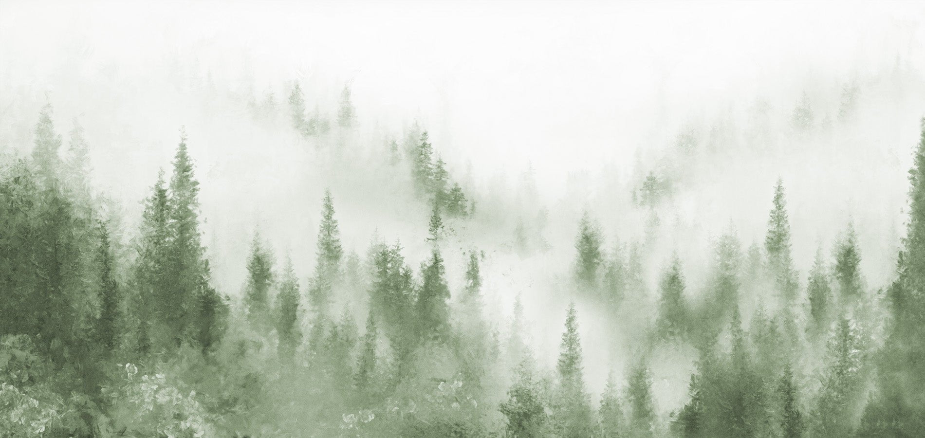 Papier peint bistrot sapin brume verte aquarelle, mural concept, tendance