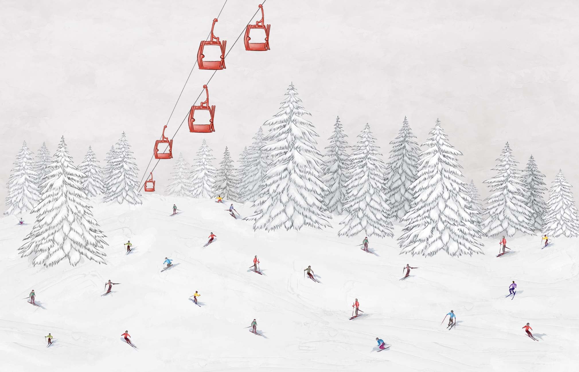 Papier peint télécabine skieurs colorés, XXL, tendance