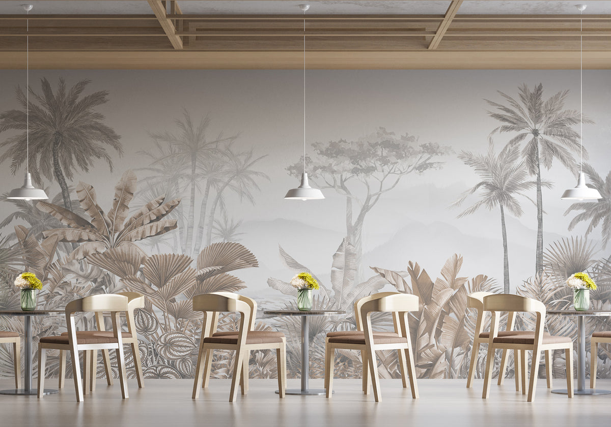 Trendy tropical sepia restaurant wallpaper