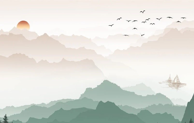 Papier peint montagne dans brume terracotta