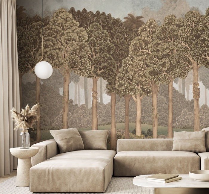 Papier peint grands arbres illustré, XXL, tendance