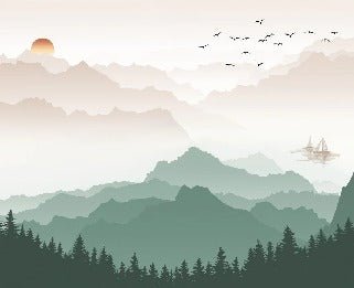 Papier peint montagne dans brume terracotta