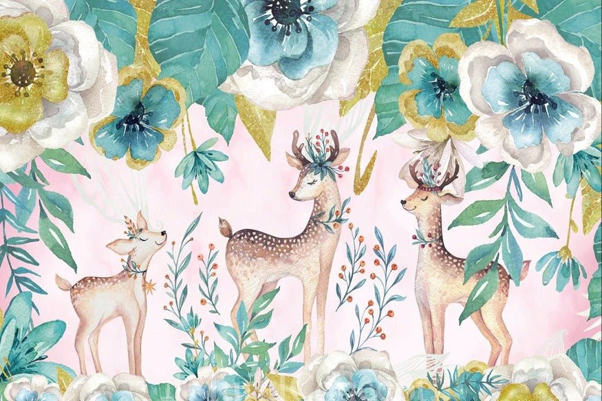 Papier peint douces biches floral vert