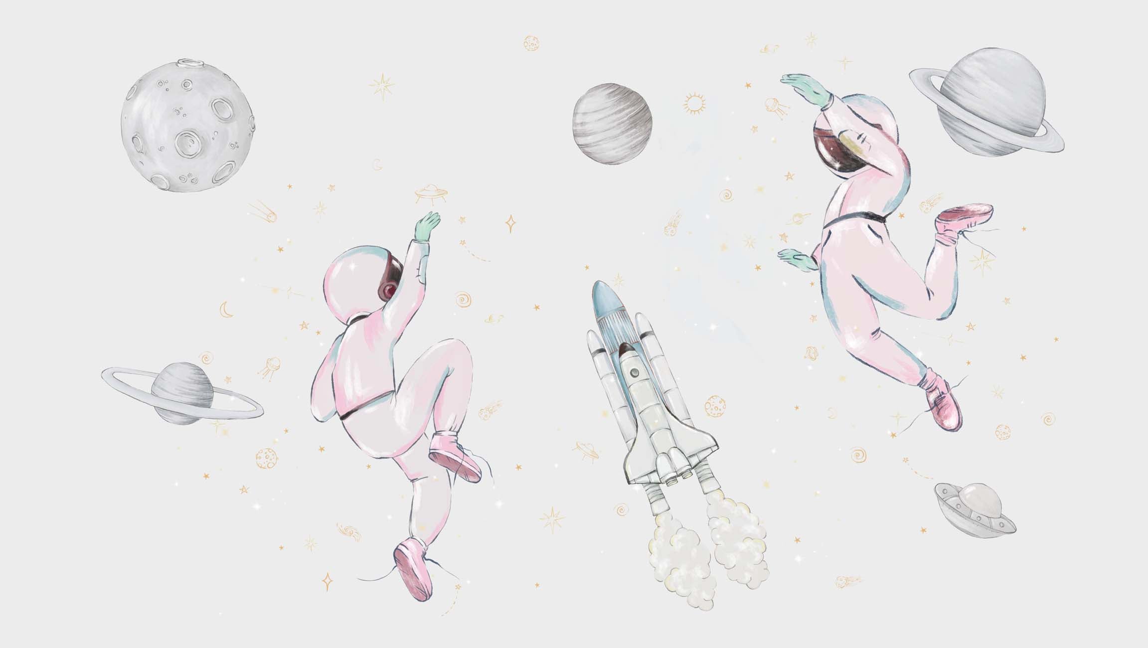 Papier peint astronautes dans l'espace rose, XXL, tendance