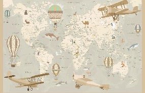Papier peint enfant carte du monde aviateur