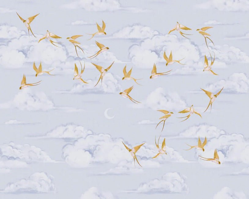 Papier peint nuage poétique oiseau or