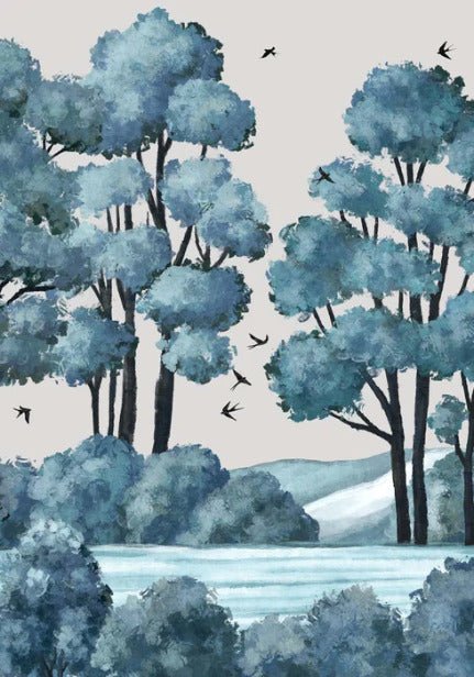 Papier peint paysage rivière forêt bleu