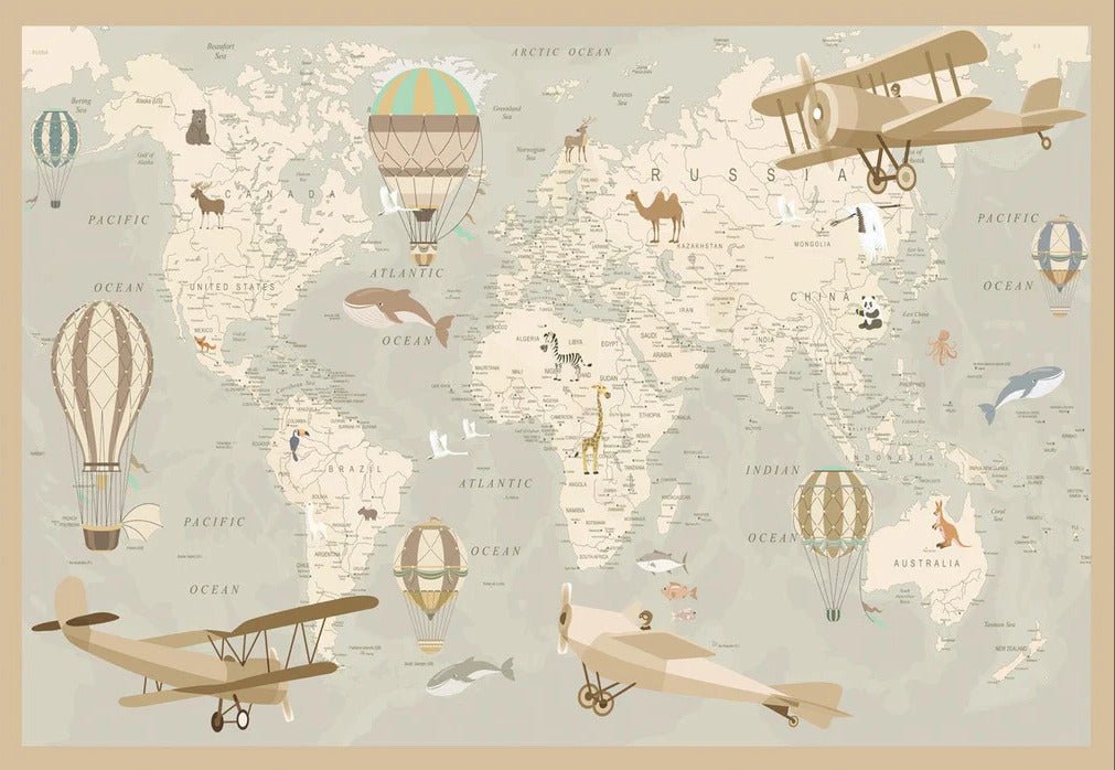 Papier peint enfant carte du monde aviateur