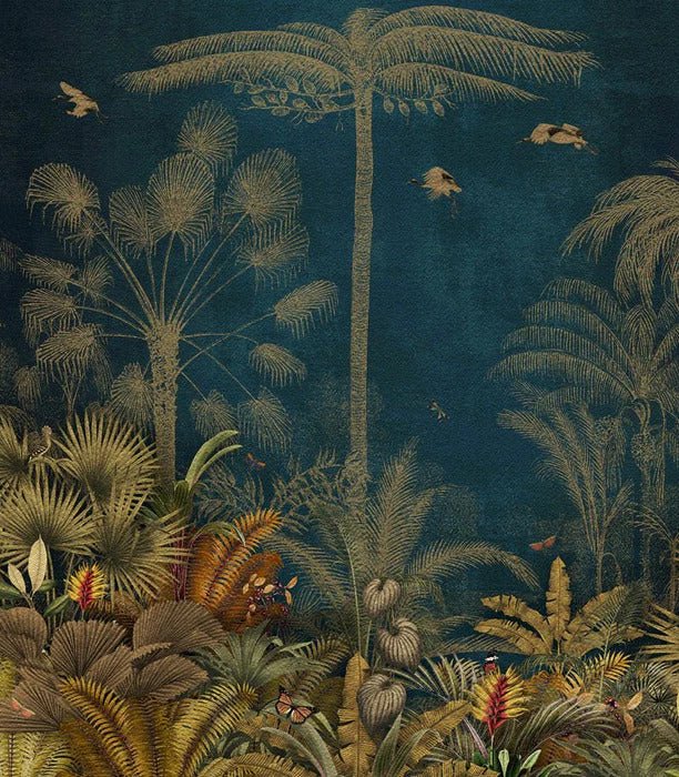 Papier peint jungle gravure bleu