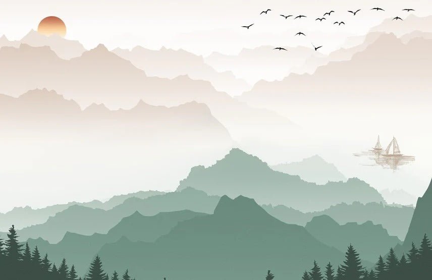 Papier peint montagne dans brume terracotta, XXL, tendance