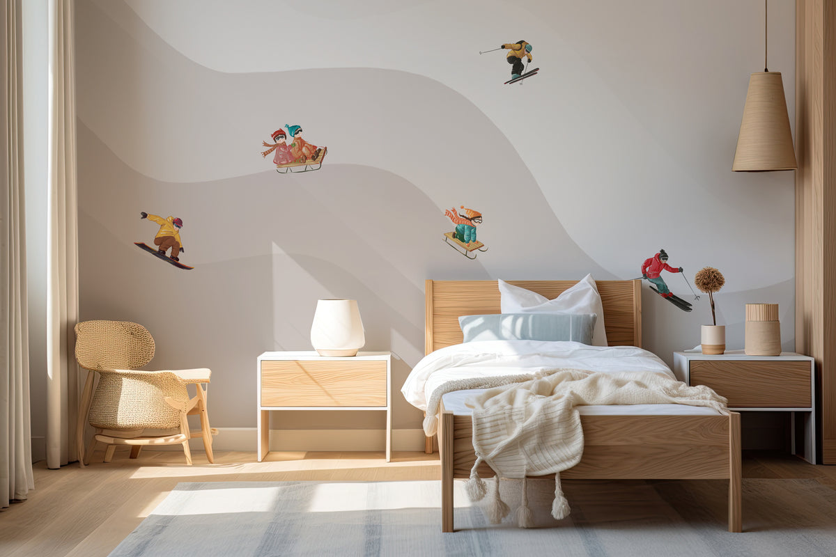 Children's wallpaper beige skiers