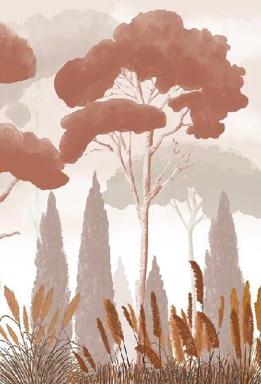 Papier peint cyprès pins et herbes de la pampa terracotta, XXL, tendance