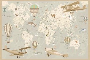 Papier peint enfant carte du monde aviateur