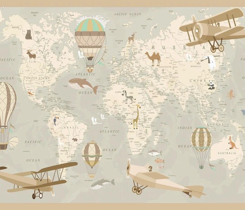 Papier peint enfant carte du monde aviateur