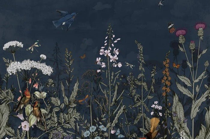 Papier peint panoramique bleu nuit floral