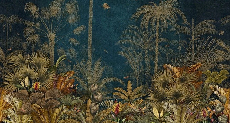 Papier peint jungle gravure bleu