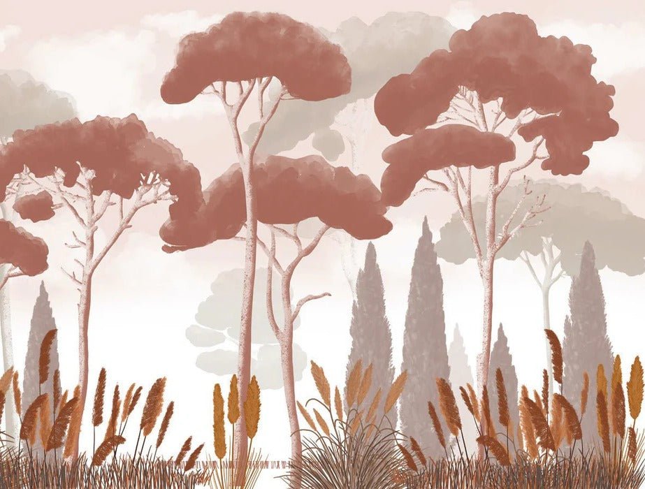 Terracotta cypress pine and pampas grass wallpaper