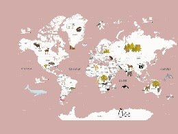 Children's French world map wallpaper old pink