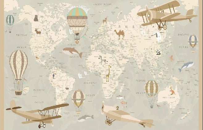 Papier peint enfant carte du monde aviateur