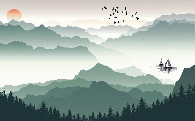 Papier peint montagne et voile sur le lac, mural concept, tendance