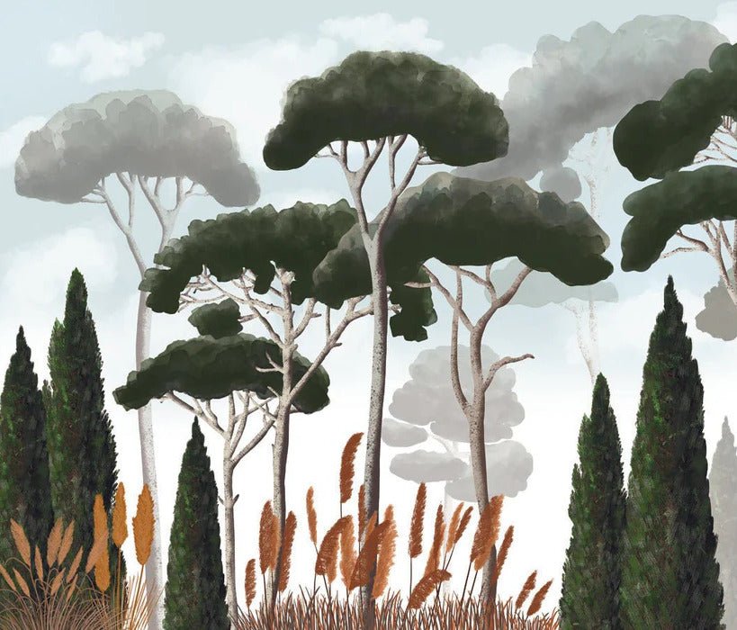 Papier peint sur mesure cyprès pins et herbes de la pampa