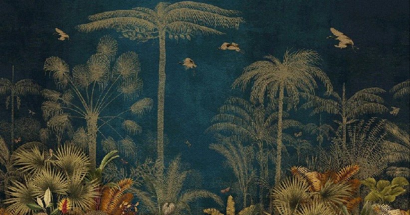 Papier peint jungle gravure bleu