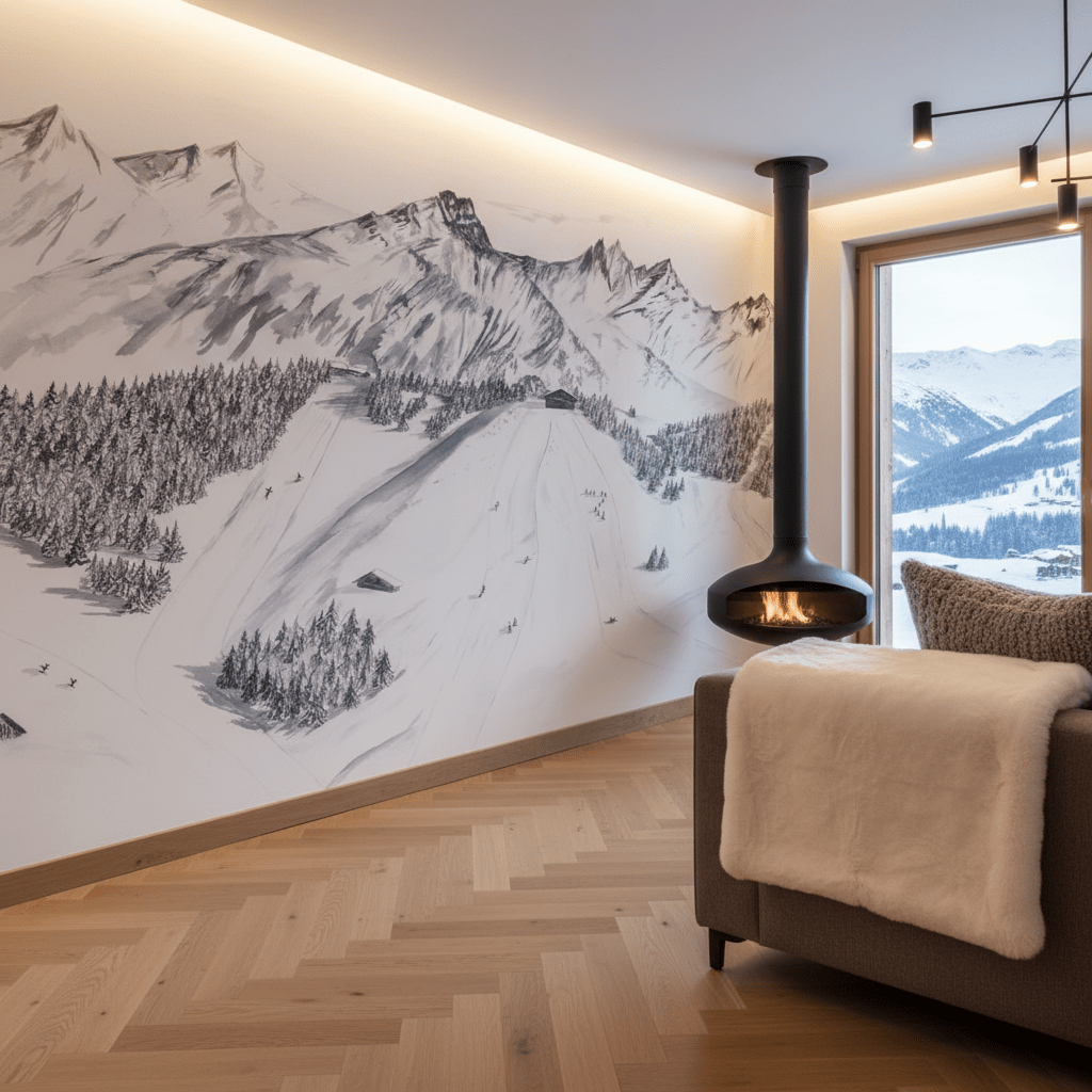 Papier peint montagne Megève – Fresque artistique peinte à la main - Muralconcept