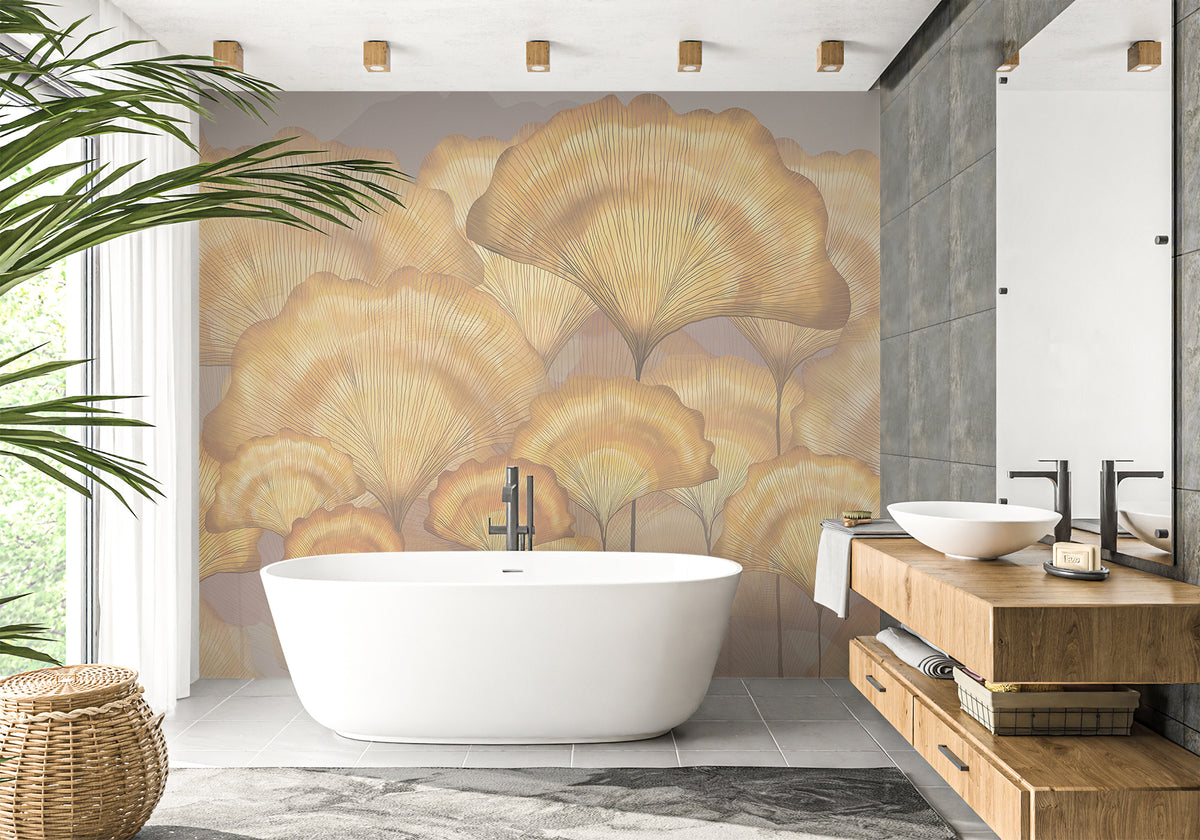 Contemporary ginkgo ochre bathroom wallpaper