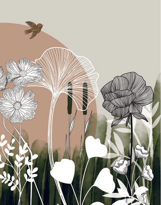 Papier peint panoramique illustration florale - Muralconcept