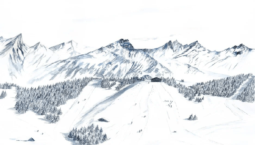 Papier peint montagne Megève – Fresque artistique peinte à la main - Muralconcept