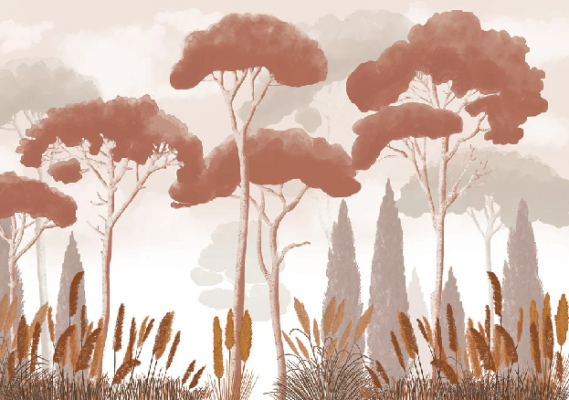 Papier peint cyprès pins et herbes de la pampa terracotta - Muralconcept