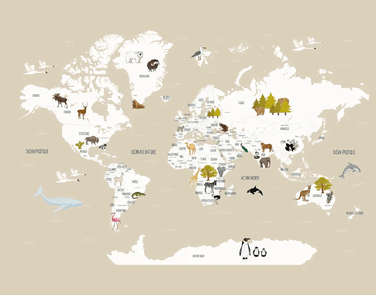 Papier peint Carte du monde en Francais enfant beige - Muralconcept