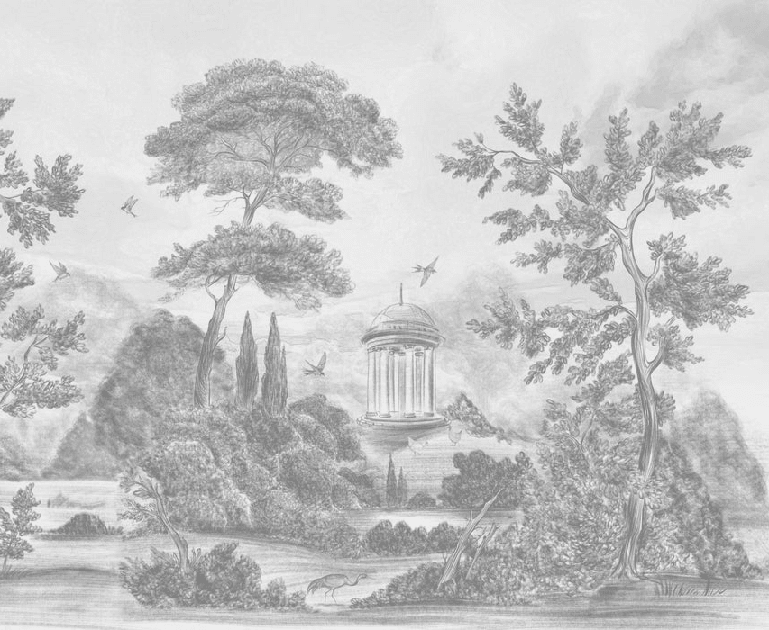 Villa Borghese Rome Panoramic Wallpaper – Black-and-White Engraving of Italian Pines - Muralconcept