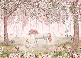 Papier peint licorne féerique rose