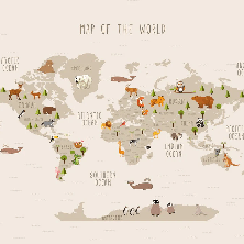 Carte du monde illustrée Animaux beige, XXL, tendance