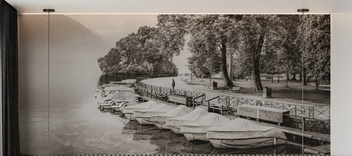 Papier peint panoramique contemplation lac d'Annecy Sépia - Muralconcept