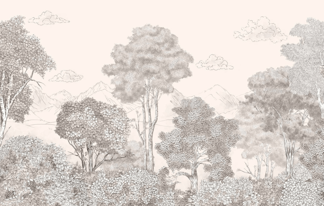 Papier peint panoramique Forêts et Monts Crayonnés Beige - Muralconcept