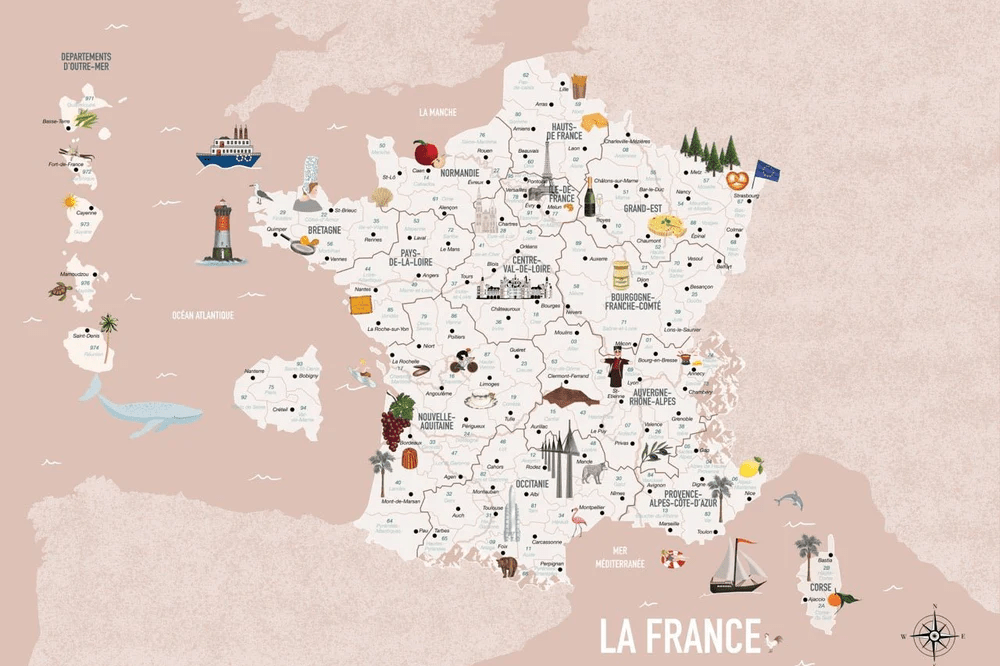 Children's wallpaper carte France rosé