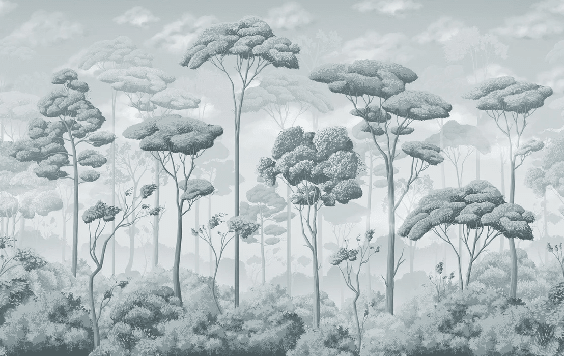 Papier peint panoramique pinède volupté bleu argent - Muralconcept