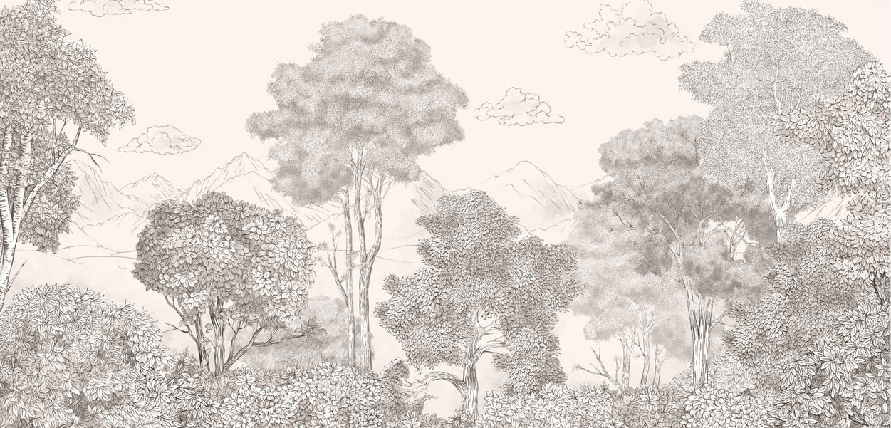 Papier peint panoramique Forêts et Monts Crayonnés Beige - Muralconcept