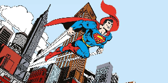 Papier peint panoramique héro superman BD vintage jump hors de la ville - Muralconcept