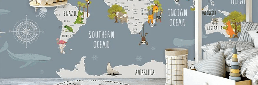 Papier peint chambre enfant map animaux gris, XXL, tendance