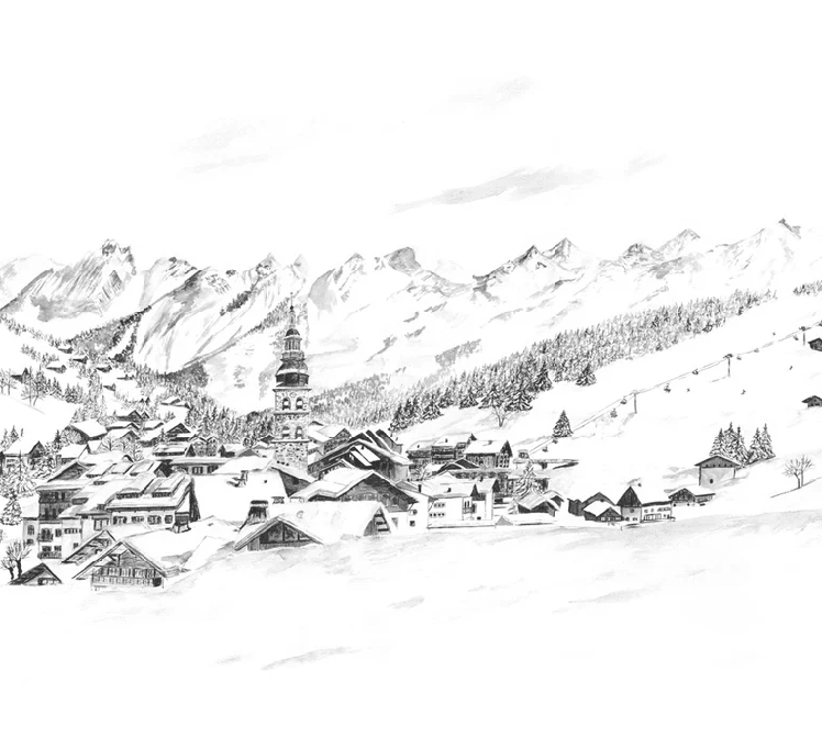 Papier peint panoramique La Clusaz en peinture - Noir et blanc - Muralconcept