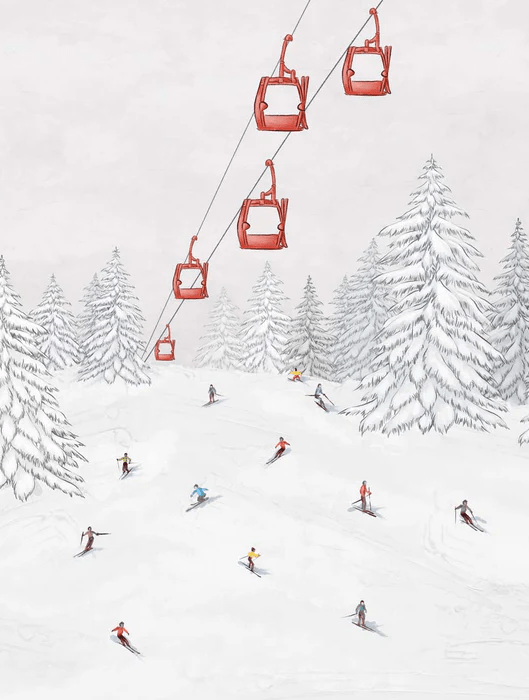 Tapete Gondelbahn Skifahrer bunt - Muralconcept